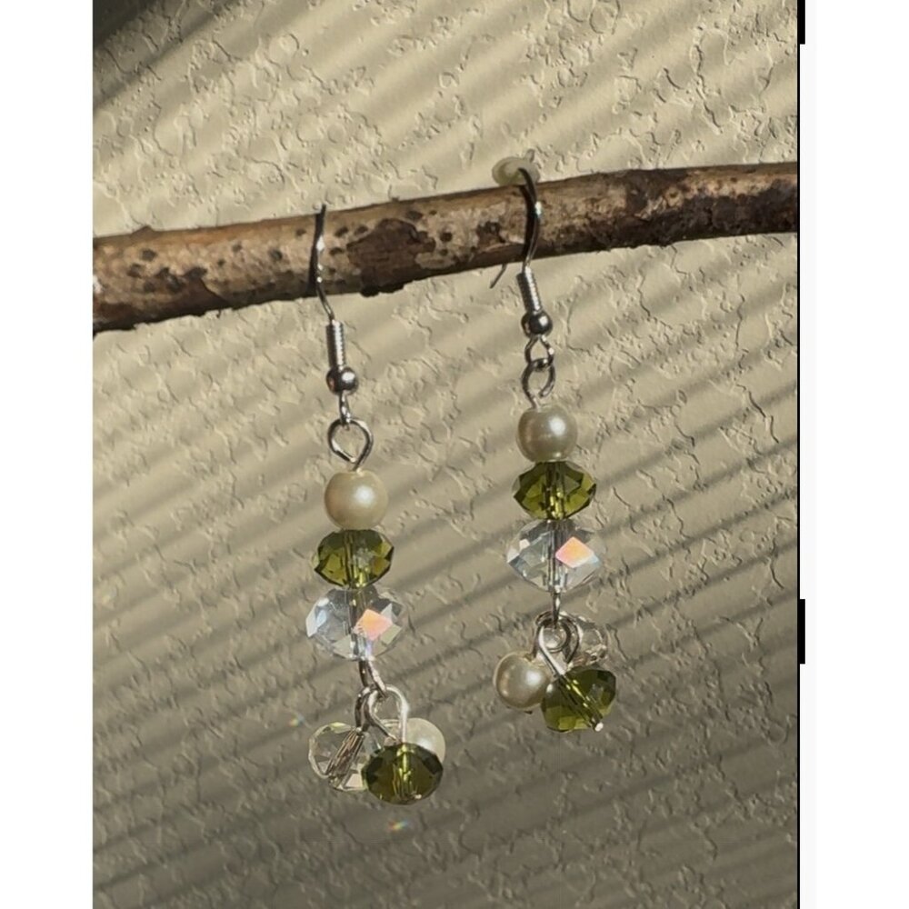 Handmade Sterling Silver Earrings W/ Freshwater Pearls & Green Multifaceted Crys - Picture 6 of 15